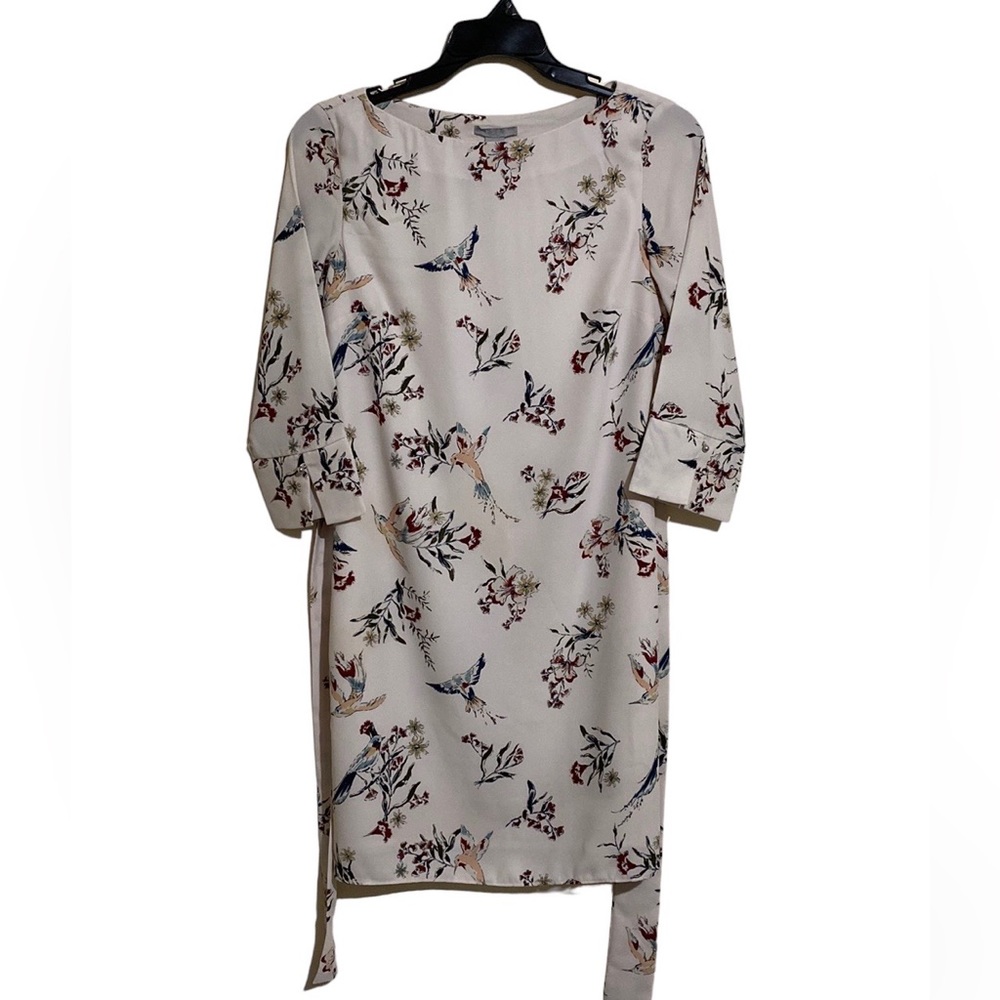 H&M Women Ivory Bird Floral Print Belted Dress 3/4 Sleeves Size 6
